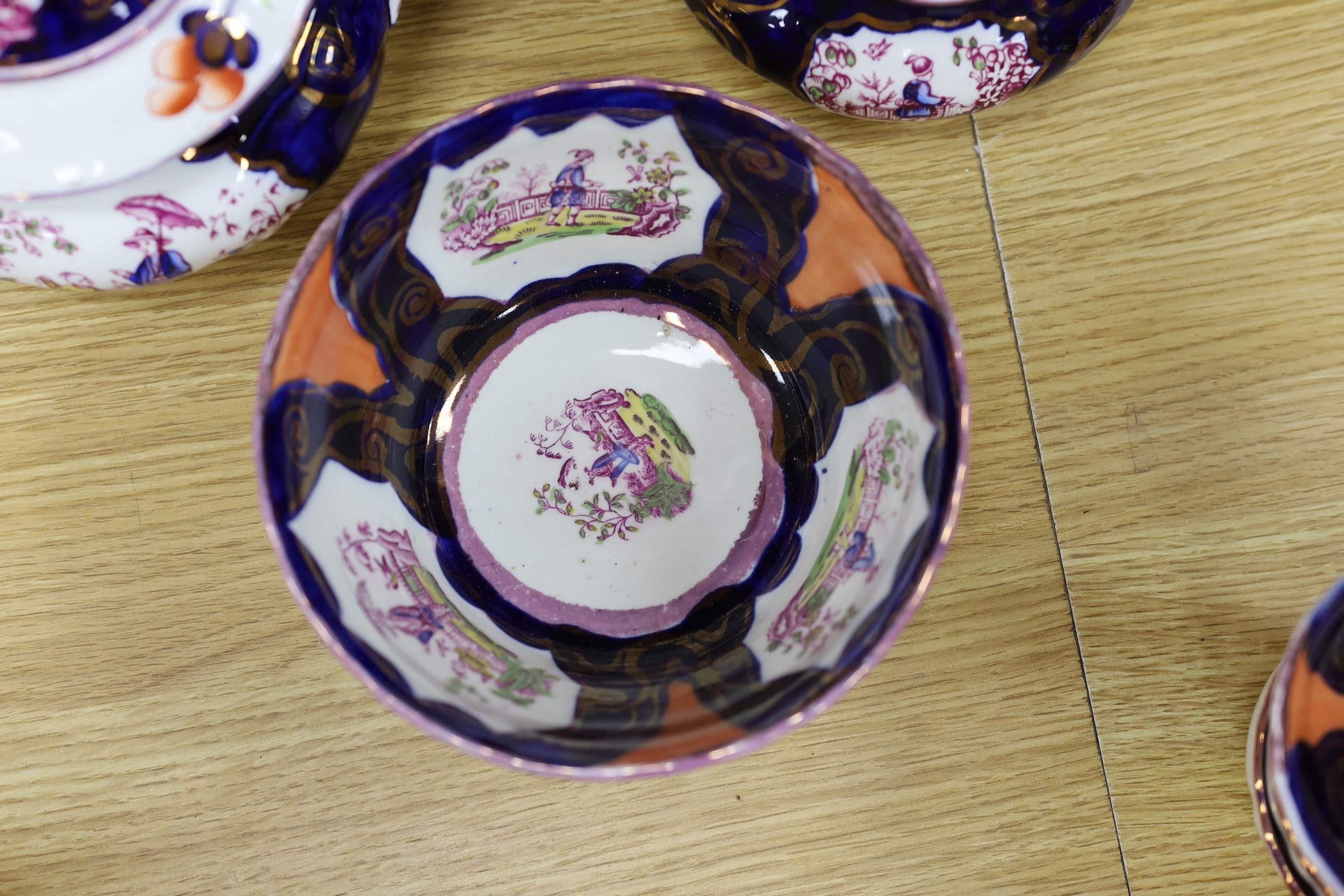 A quantity of Gaudy Welsh lustre tea wares with chinoiserie motifs